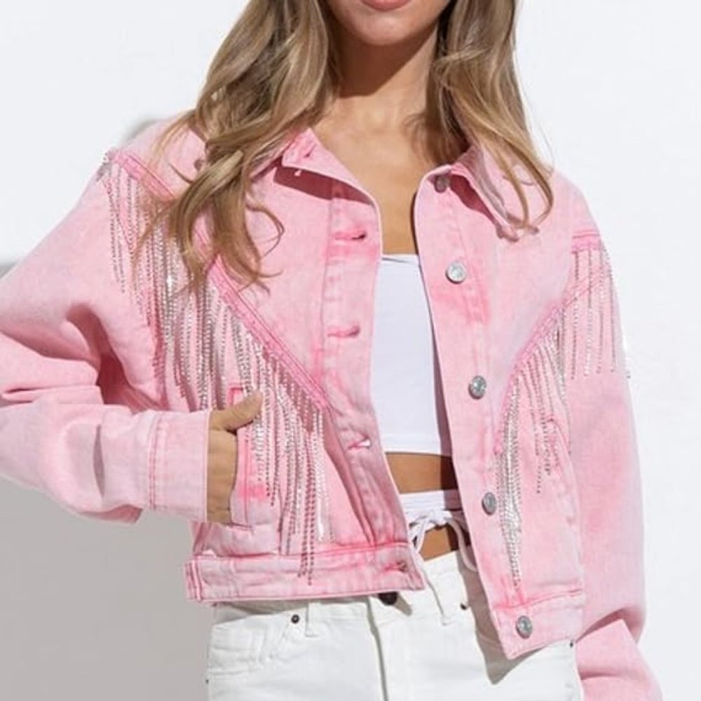 Joiemont Denim Jean Jacket with Fringe Rhinestones Pink